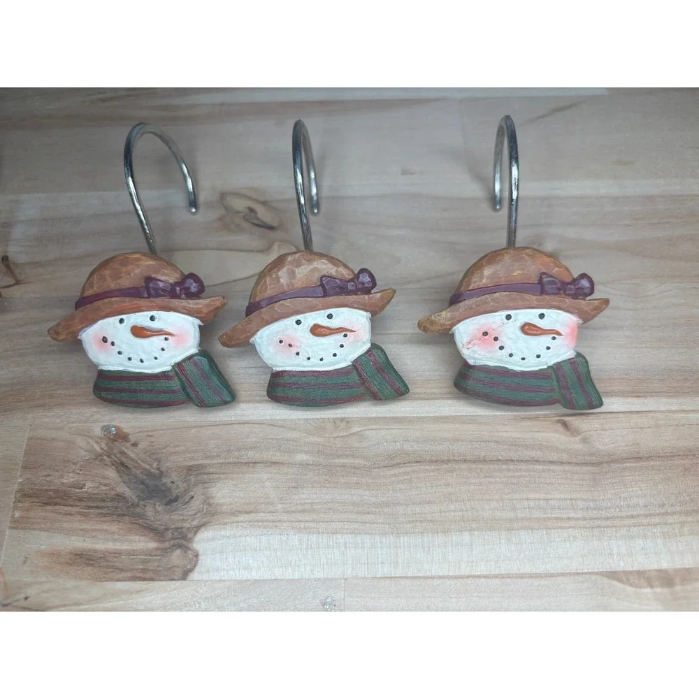 Vintage Snowman Shower Curtain Hooks Set of 12 Christmas Holiday Resin Decor